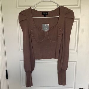 Say What? Brown Long Sleeve Fitted Crop Blouse